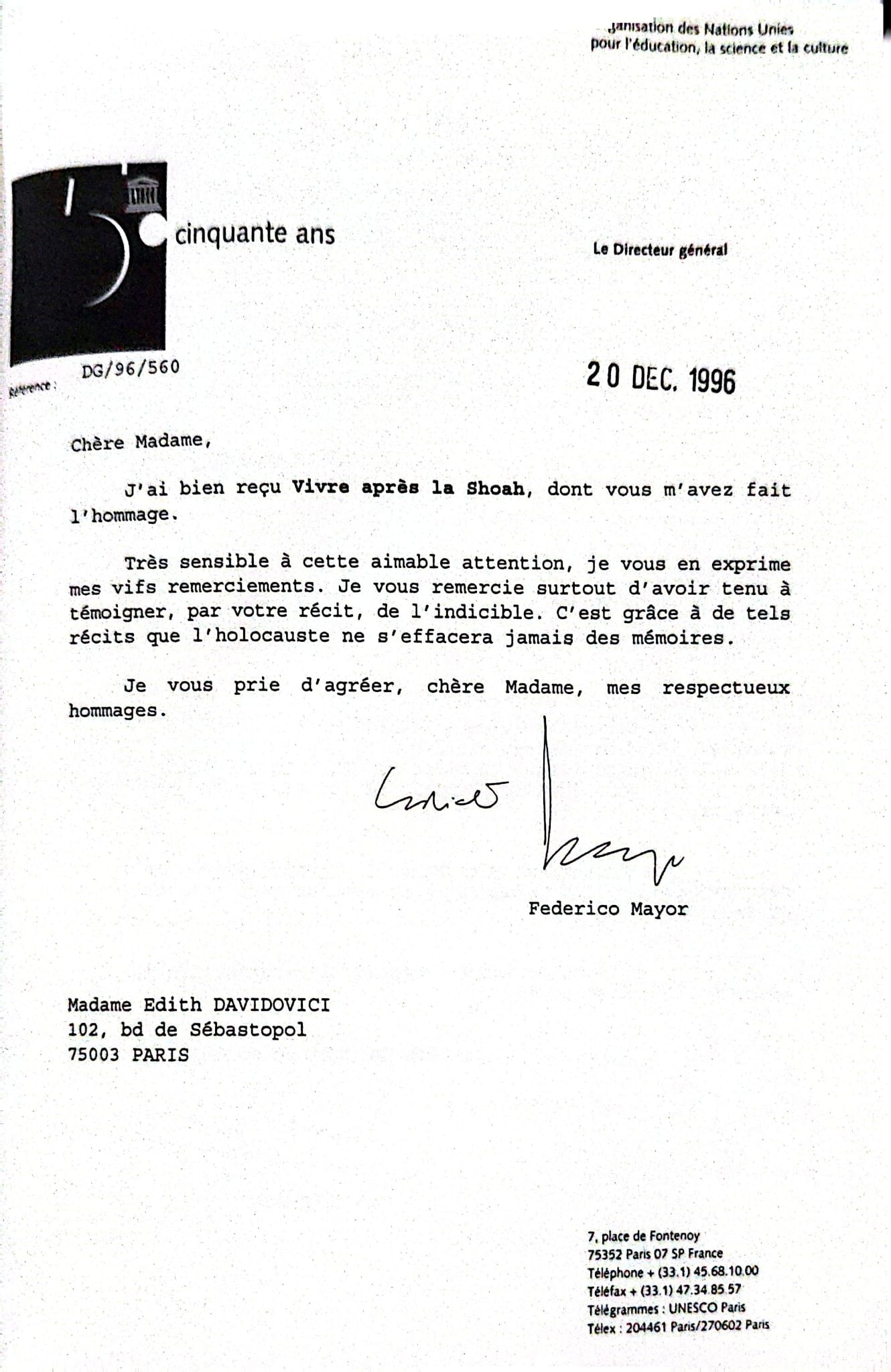 50th Anniversary Commemoration letter for Edith Davidovici