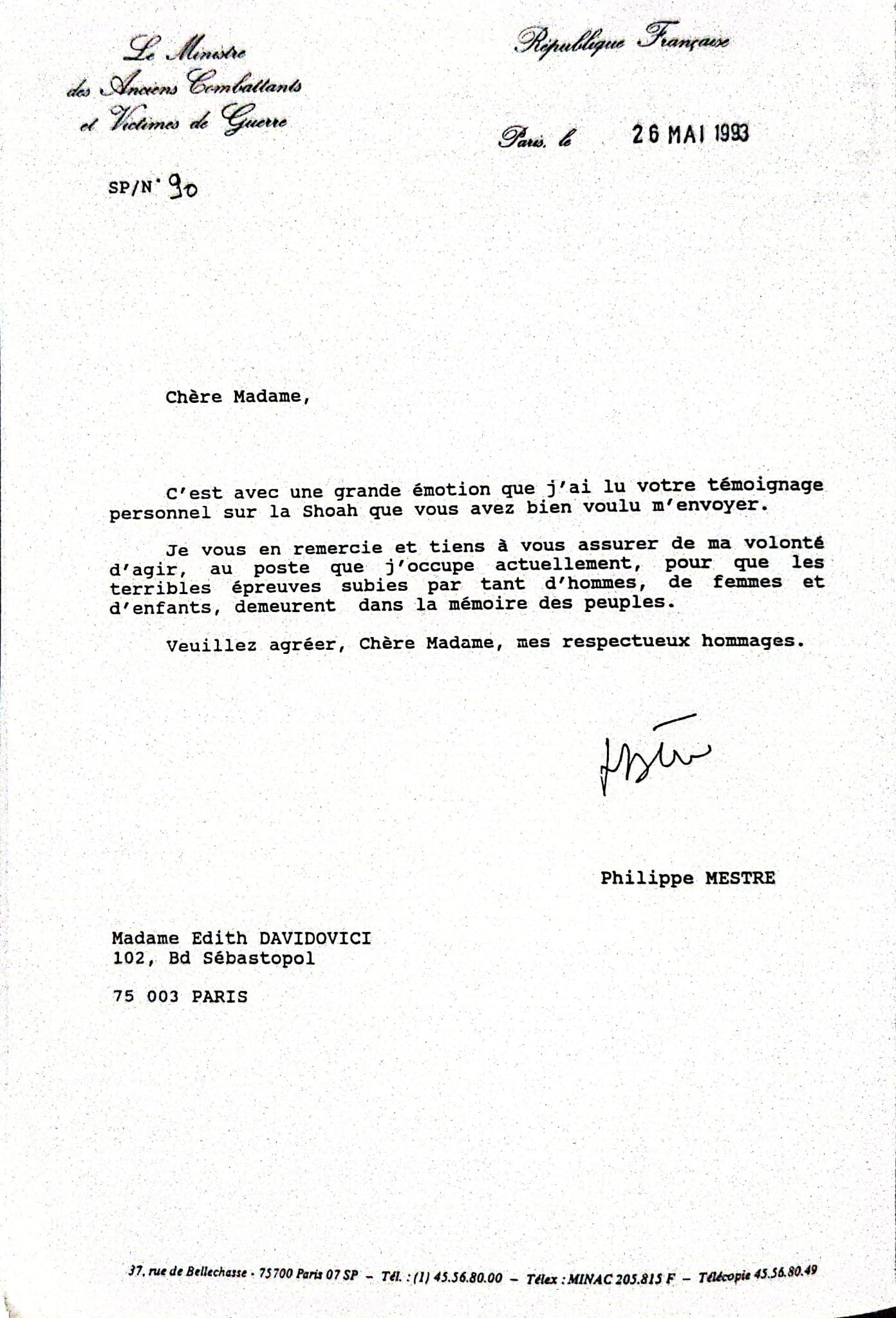 Letter from Minister of Veterans Affairs, France, to Edith Davidovici