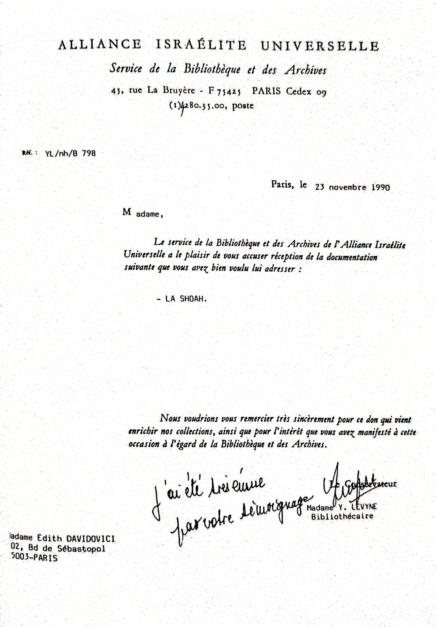 Letter from Alliance Israélite Universelle to Edith Davidovici
