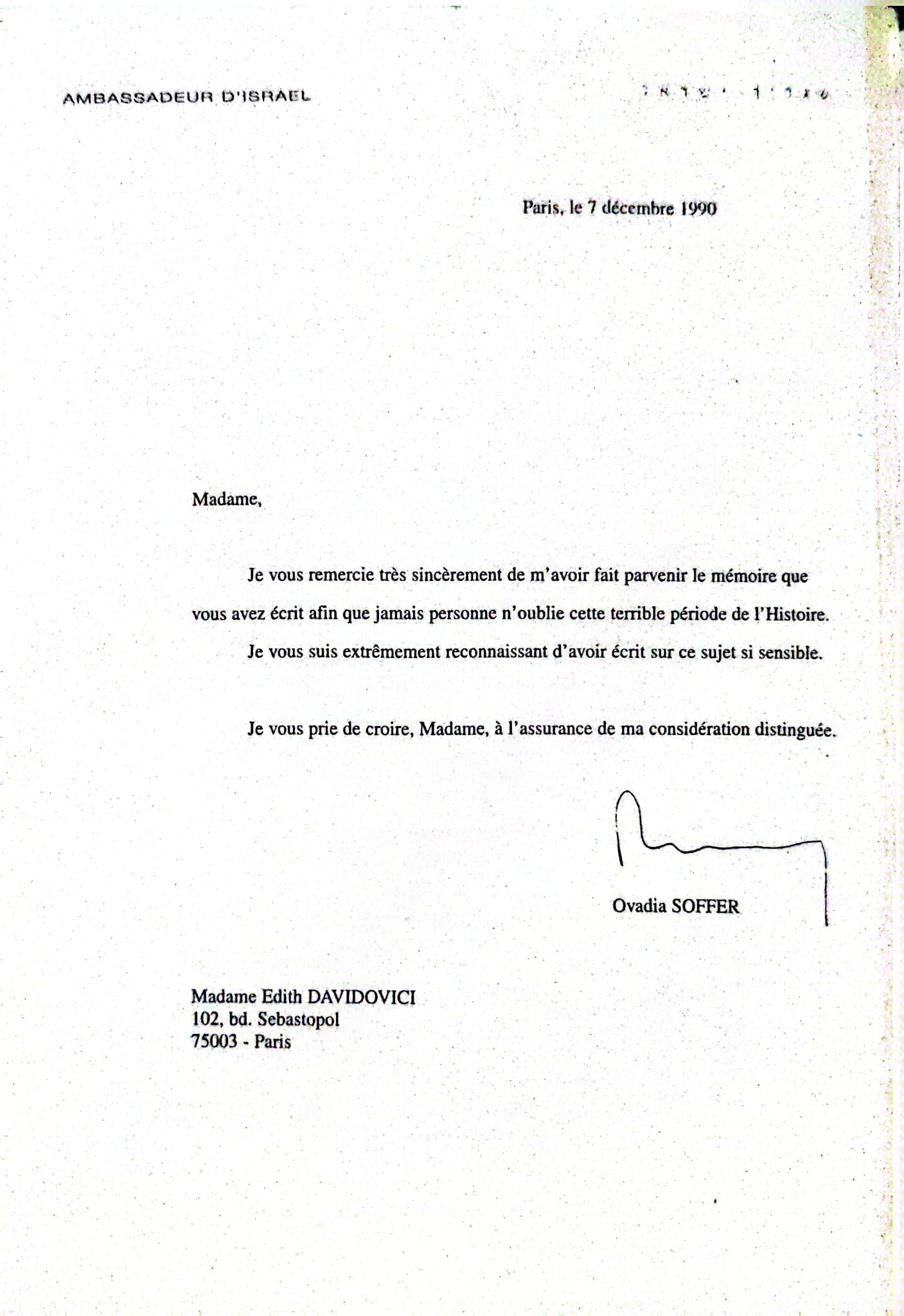 Letter from the Ambassador of Israel to Edith Davidovici