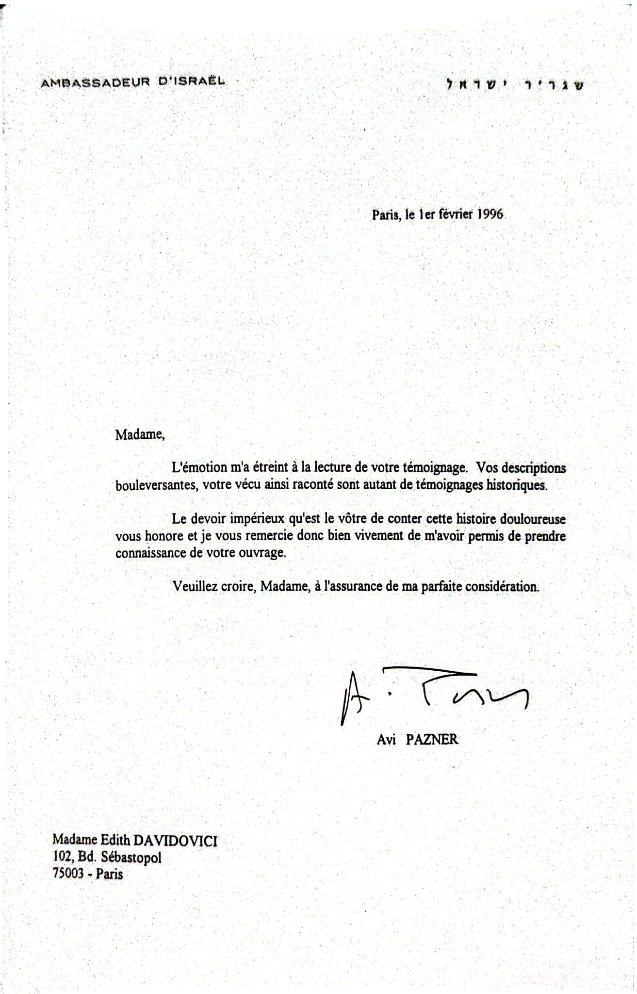 Letter from Avi Pazner, Israeli Ambassador, to Edith Davidovici