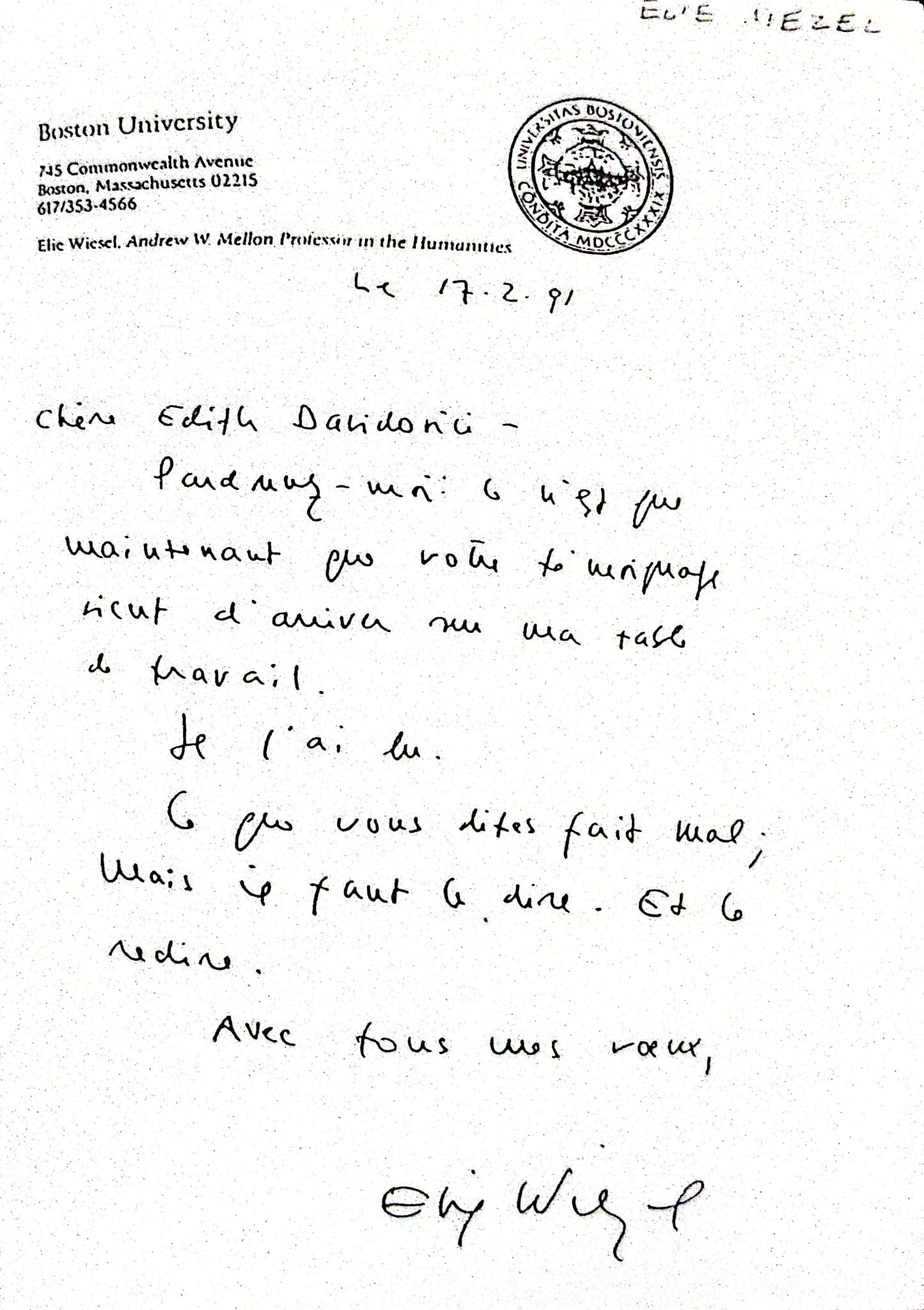 Letter from Boston University to Edith Davidovici