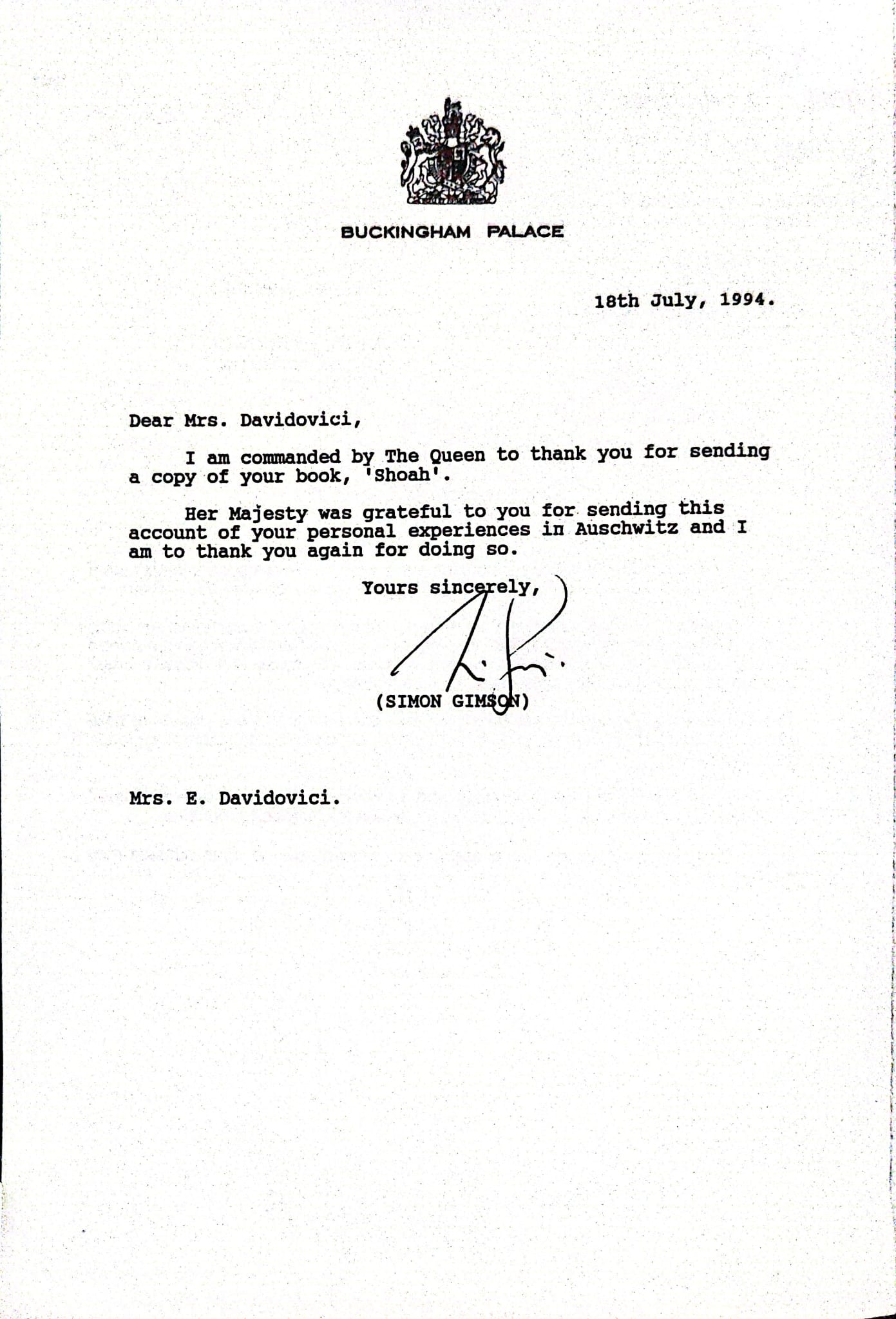 Letter from Buckingham Palace to Holocaust survivor Edith Davidovici