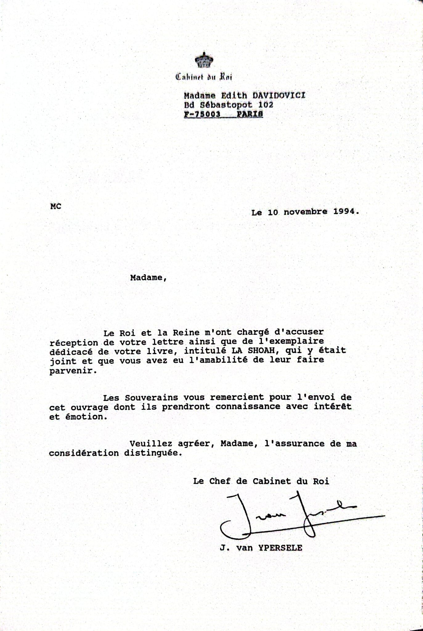 Letter from Cabinet du Roi (Royal Cabinet of Belgium) to Edith Davidovici