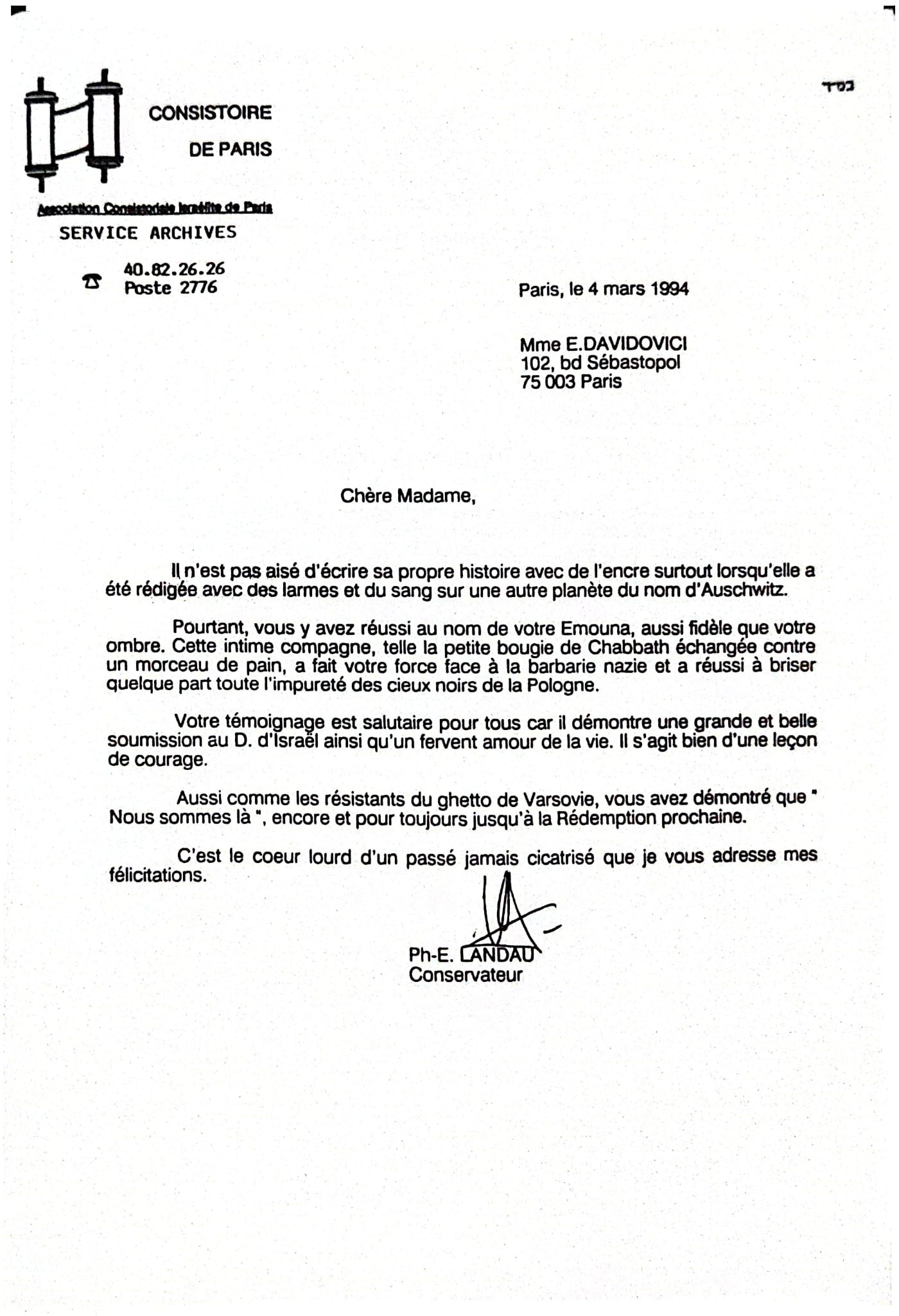 Letter from Consistoire de Paris to Edith Davidovici