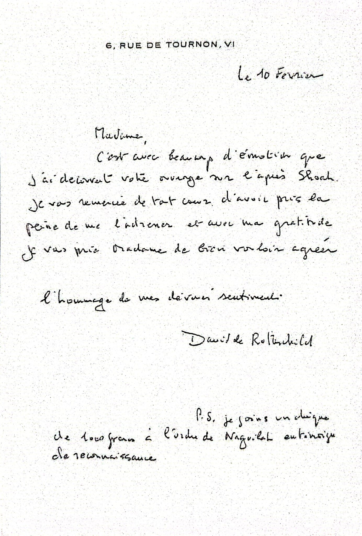 Letter from David de Rothschild to Edith Davidovici