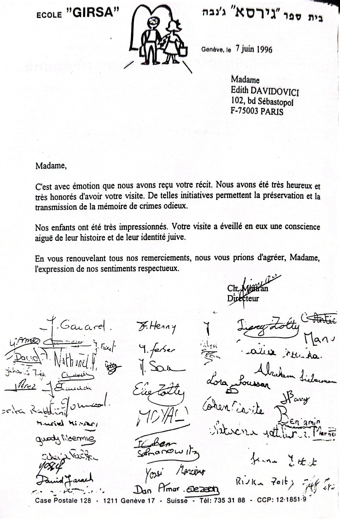 School letter to Edith Davidovici
