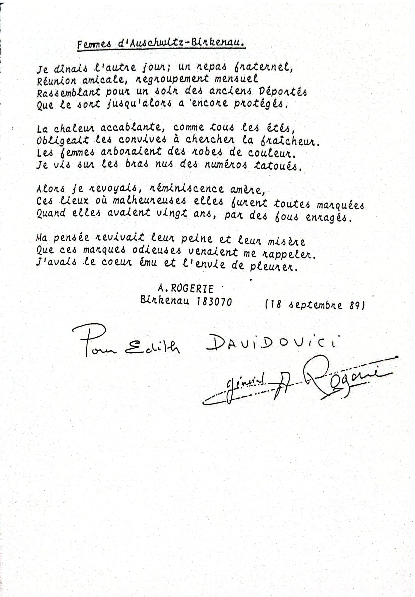 Letter from Association of Women of Auschwitz-Birkenau to Edith Davidovici