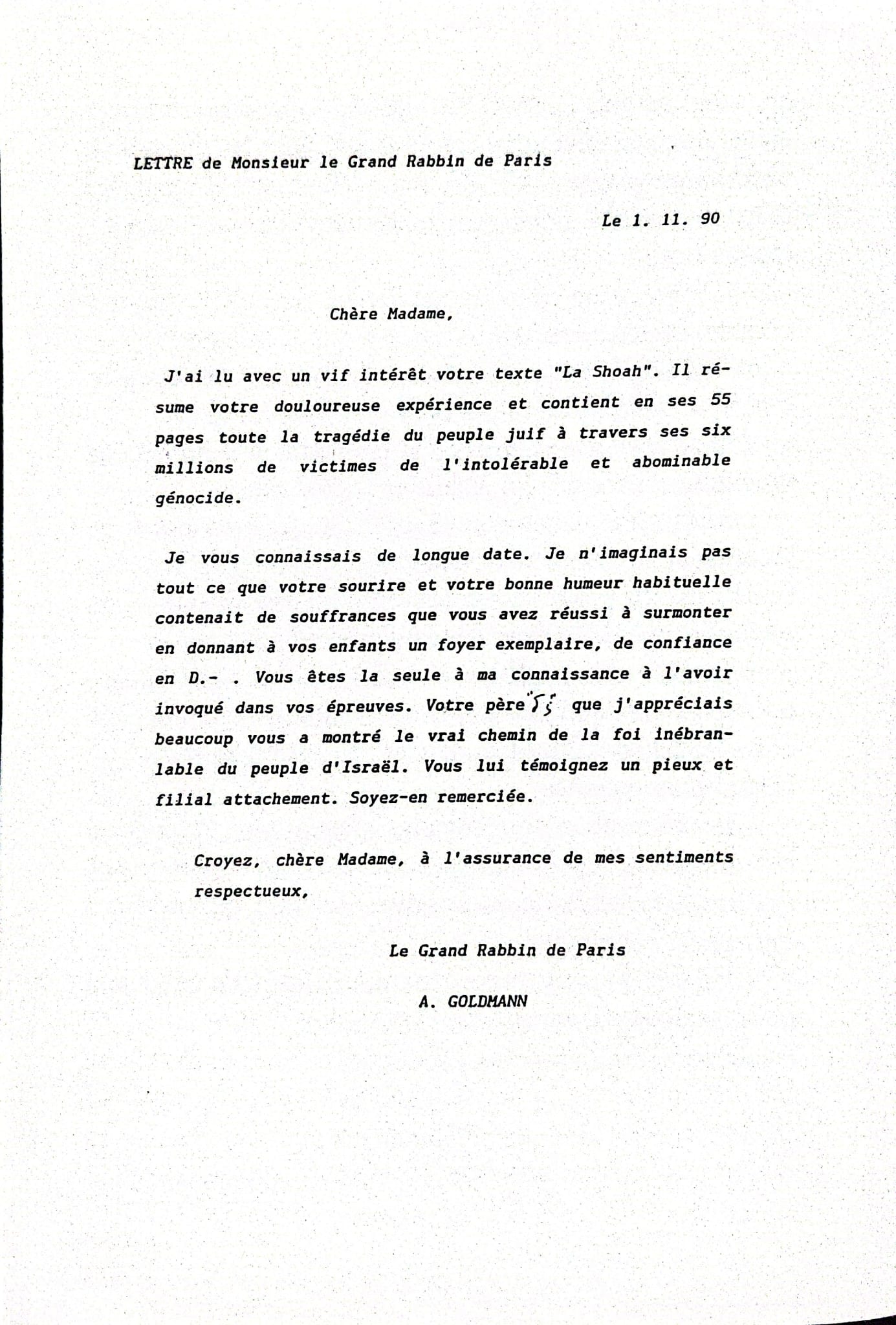 Letter from Grand Rabbi Goldman of Paris to Edith Davidovici