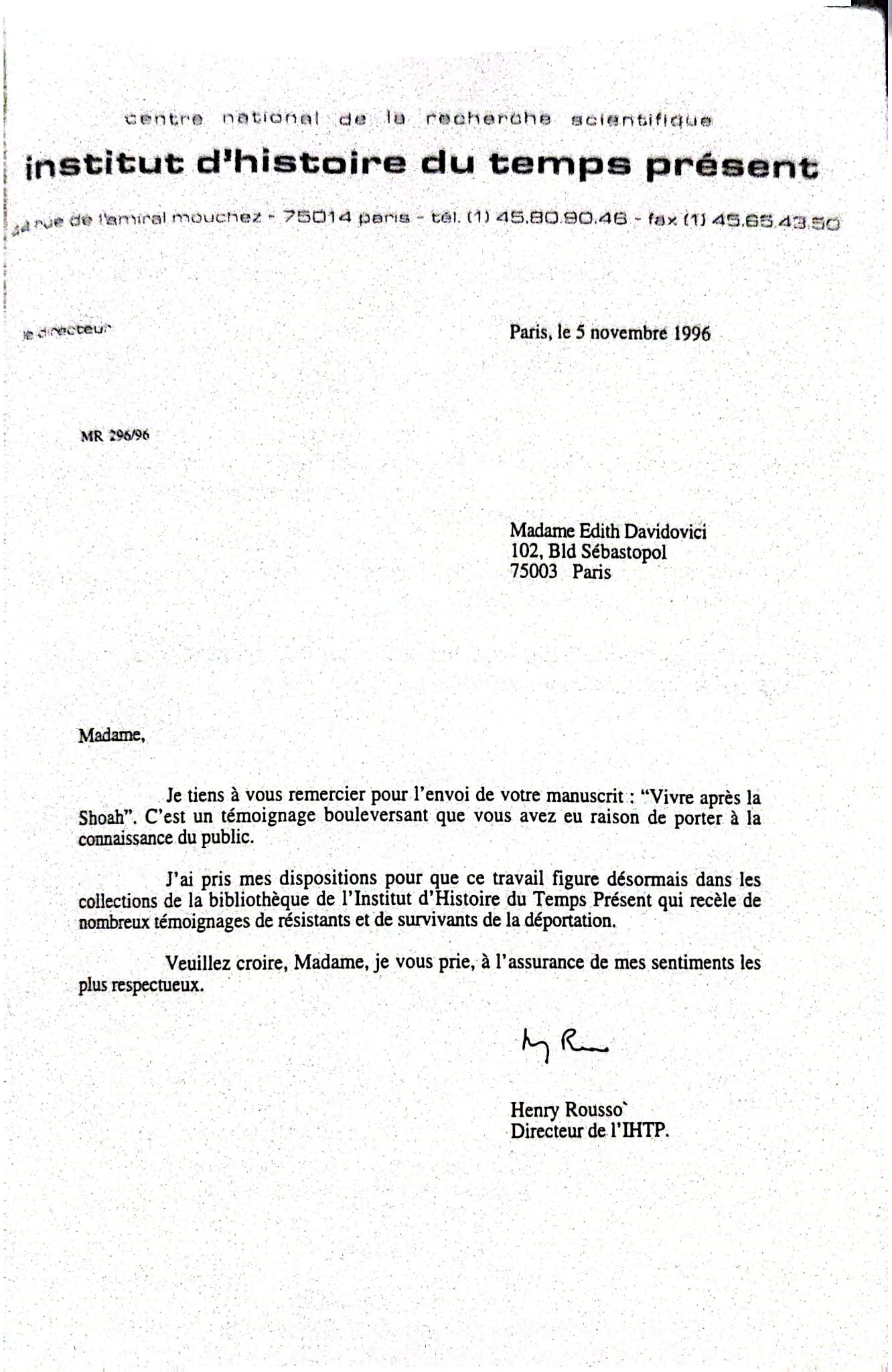 Letter from Institut d'Histoire (Institute of History) to Edith Davidovici