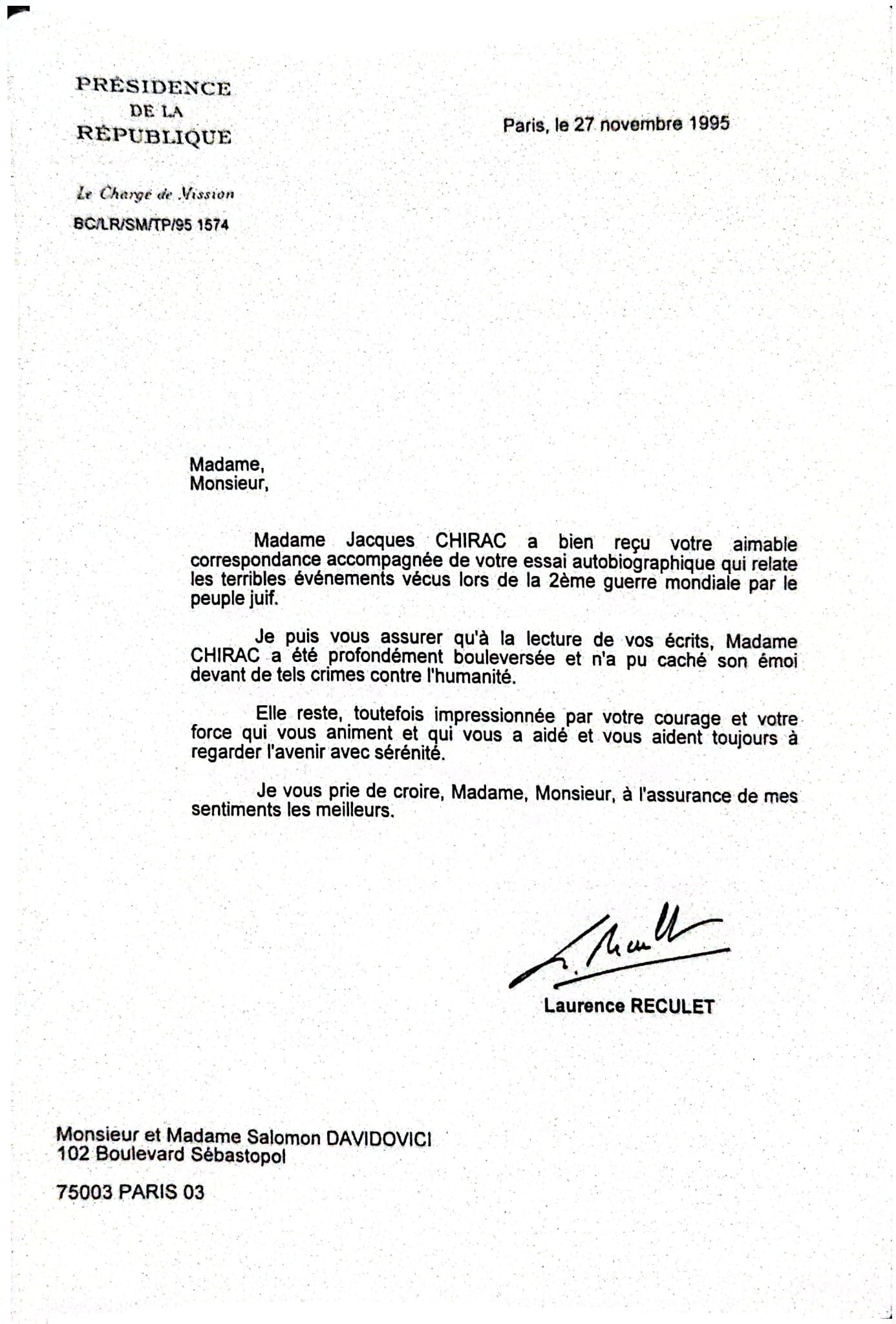 Letter from President Jacques Chirac of France to Holocaust survivor Edith Davidovici