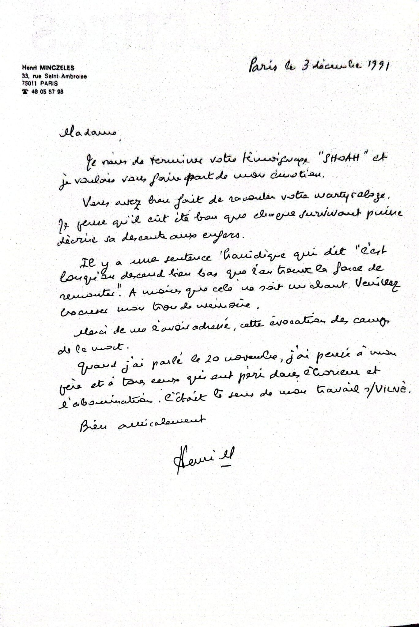 Letter from Henri Menczeles to Edith Davidovici