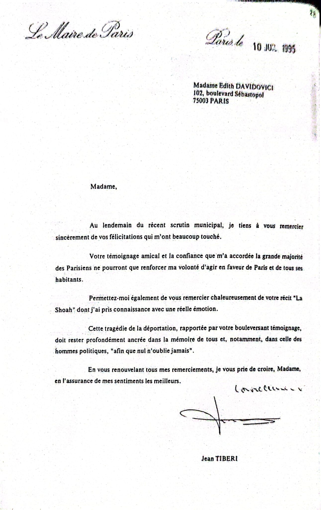 Letter from the Mayor of Paris to Edith Davidovici