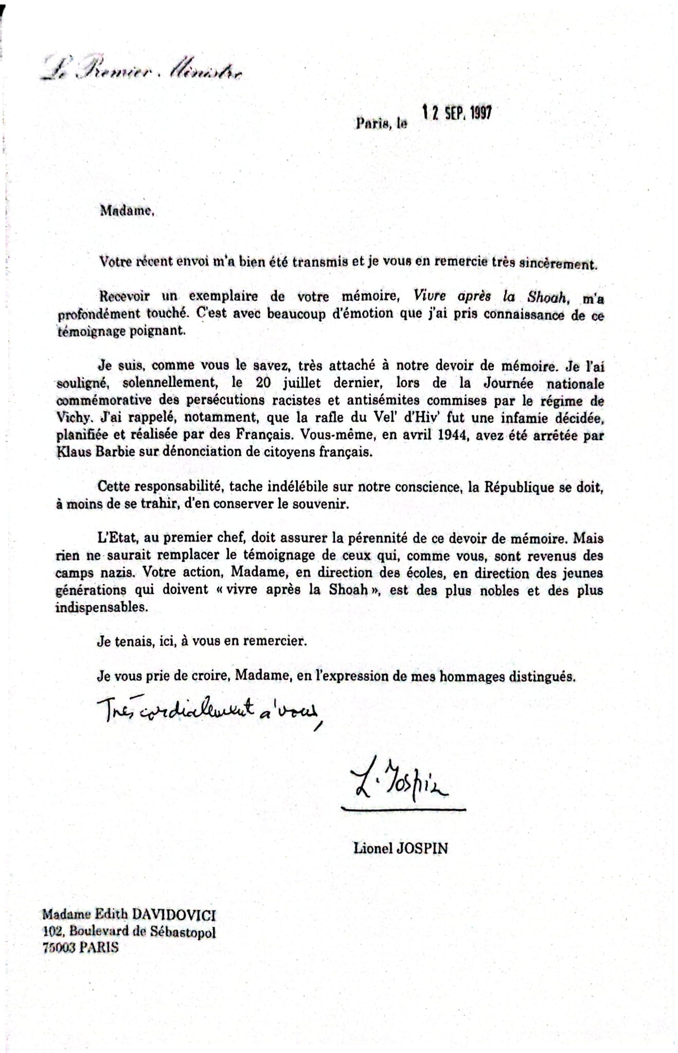 Letter from Lionel Jospin, Prime Minister of France, to Edith Davidovici