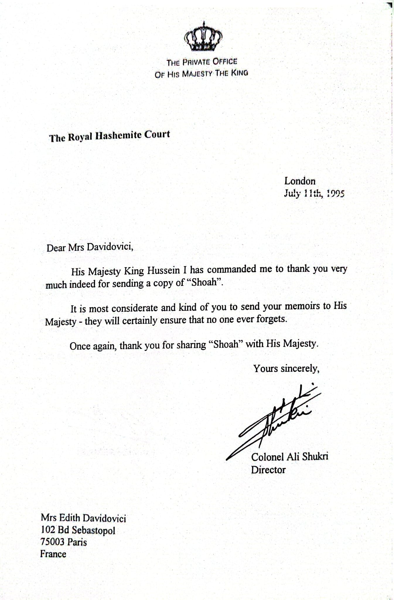 Letter from His Majesty King Hussein of Jordan to Edith Davidovici