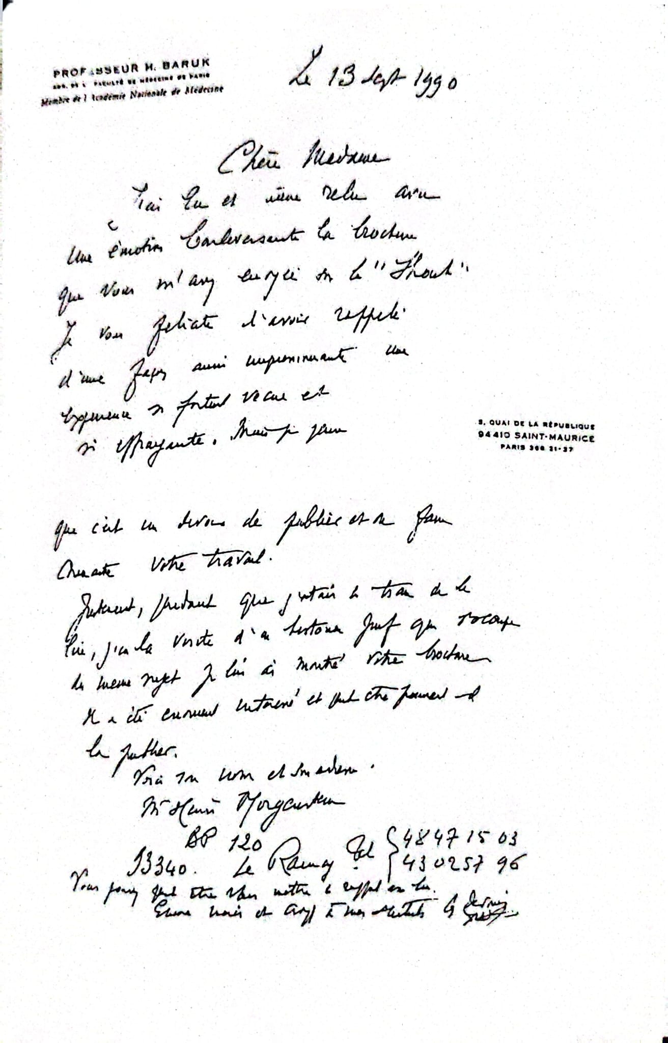 Letter from a Member of the Academy of Medicine to Edith Davidovici
