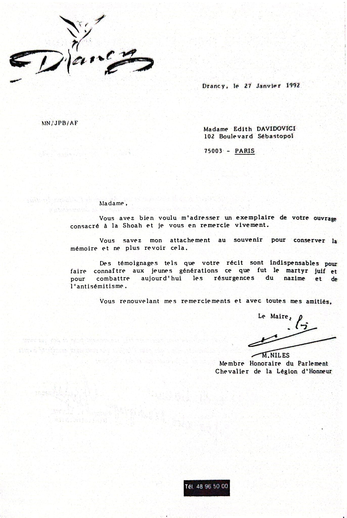Honorary Member Certificate for Edith Davidovici