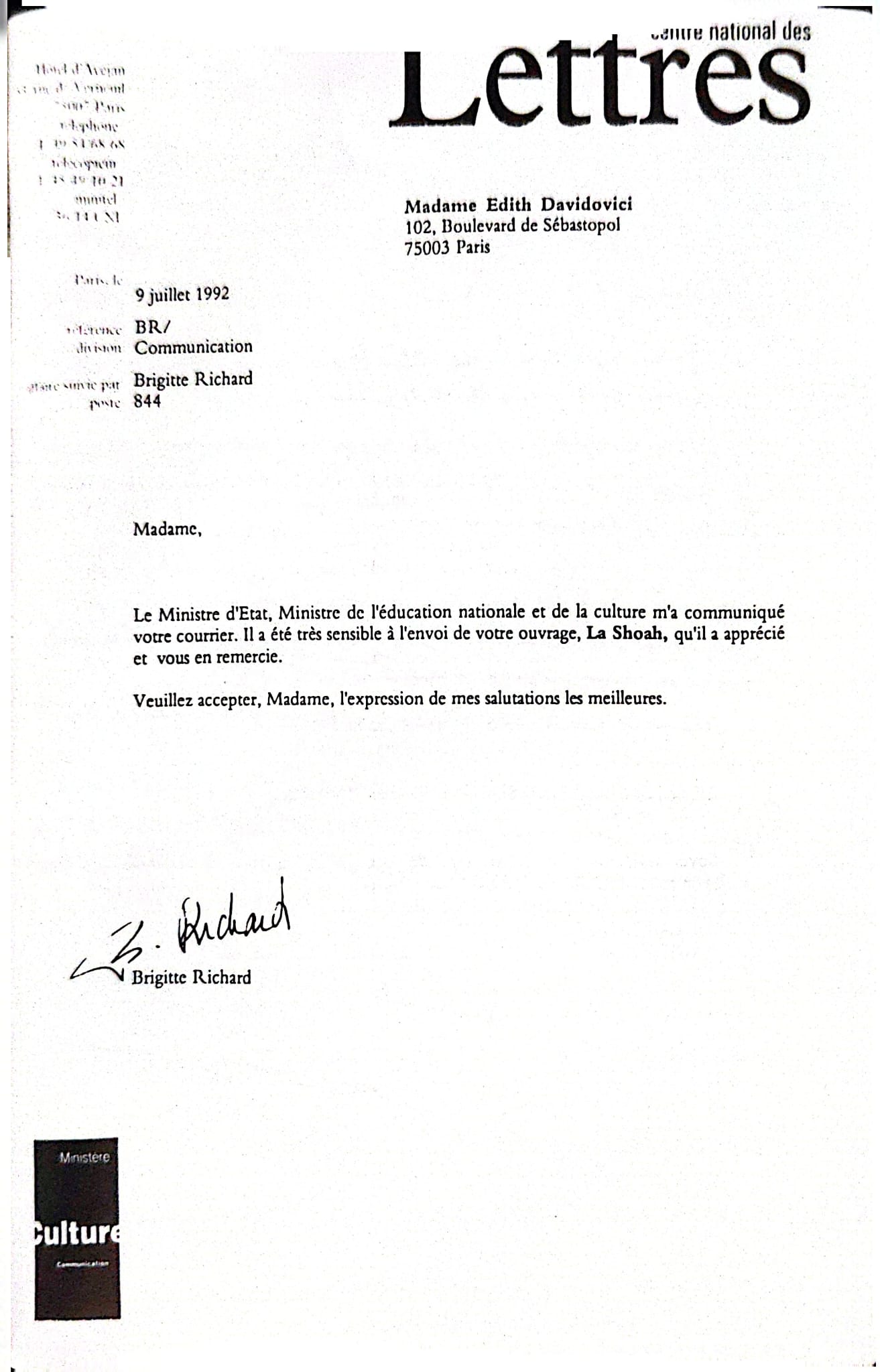 Letter from Minister of Culture, France, to Edith Davidovici