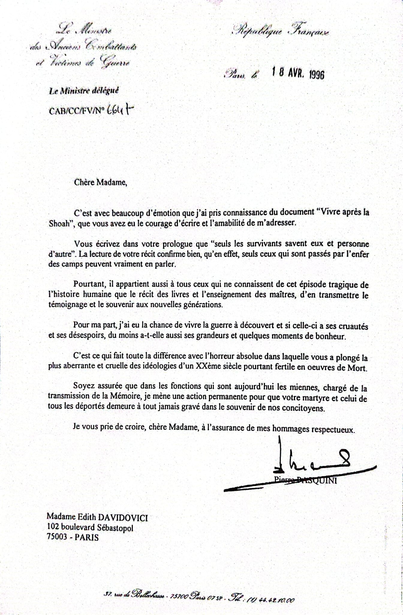 Letter from a Minister of France to Edith Davidovici