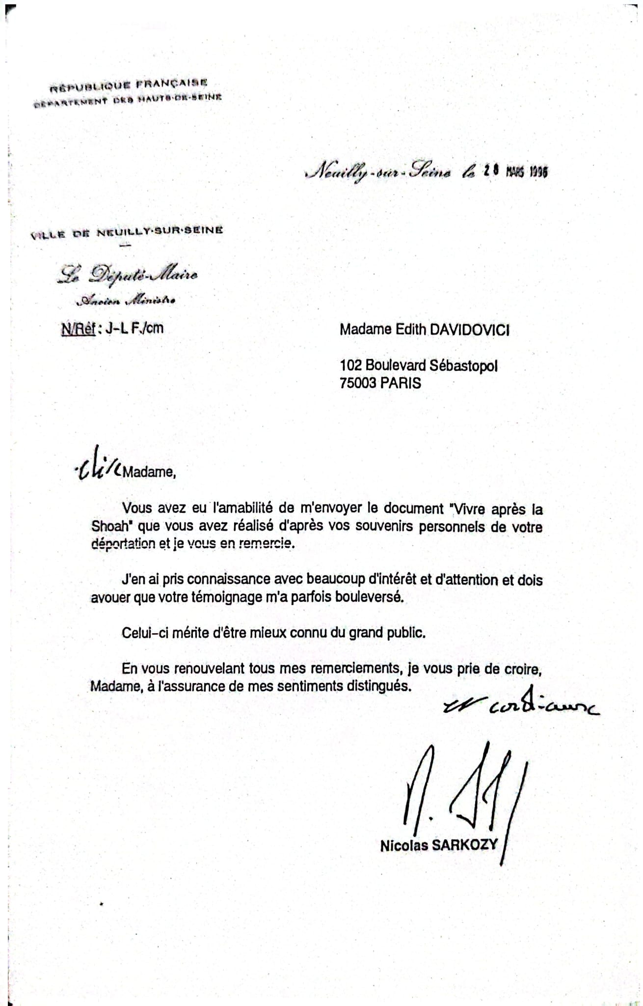 Letter from Nicolas Sarkozy, President of France, to Edith Davidovici
