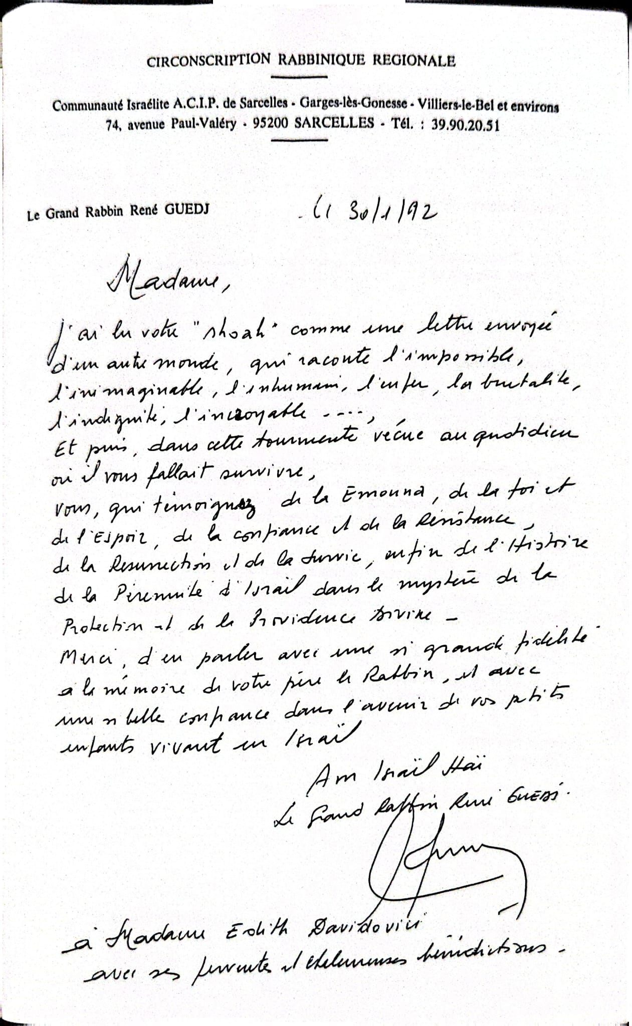 Letter from Rabbi René Samuel Guedj to Edith Davidovici