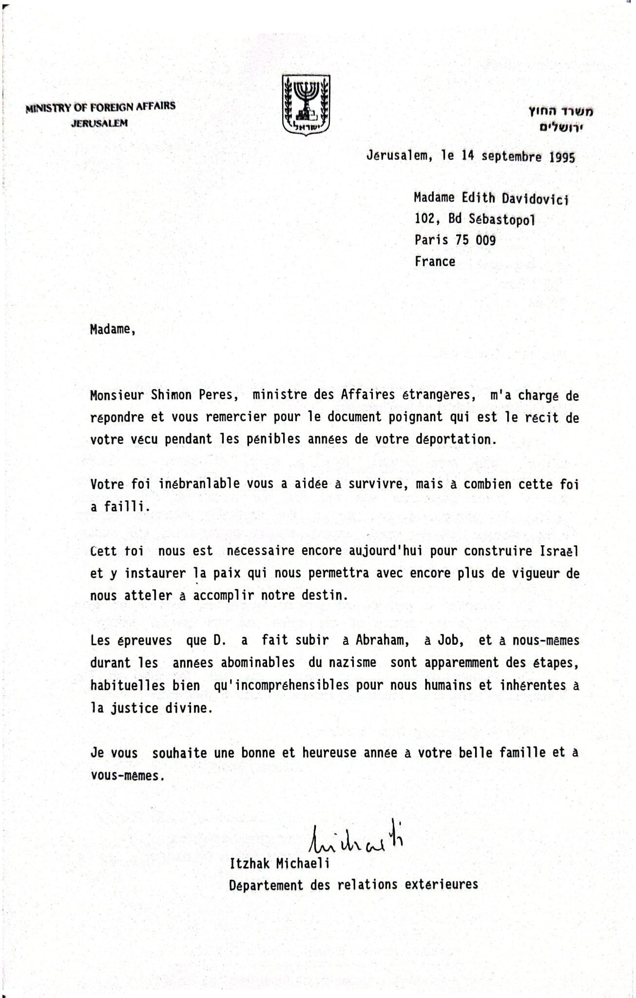 Letter from President Shimon Peres of Israel to Holocaust survivor Edith Davidovici
