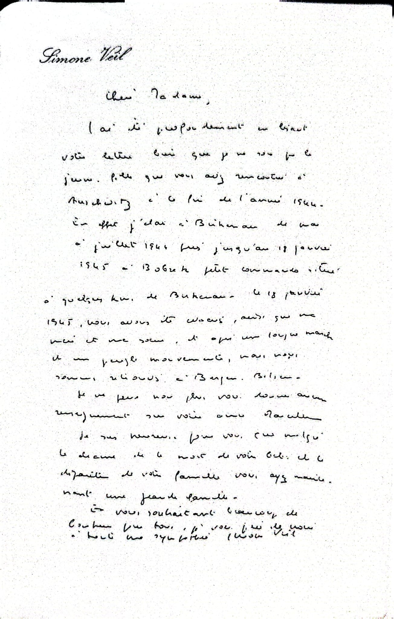 Letter from Simone Veil, Holocaust survivor and French Minister, to Edith Davidovici