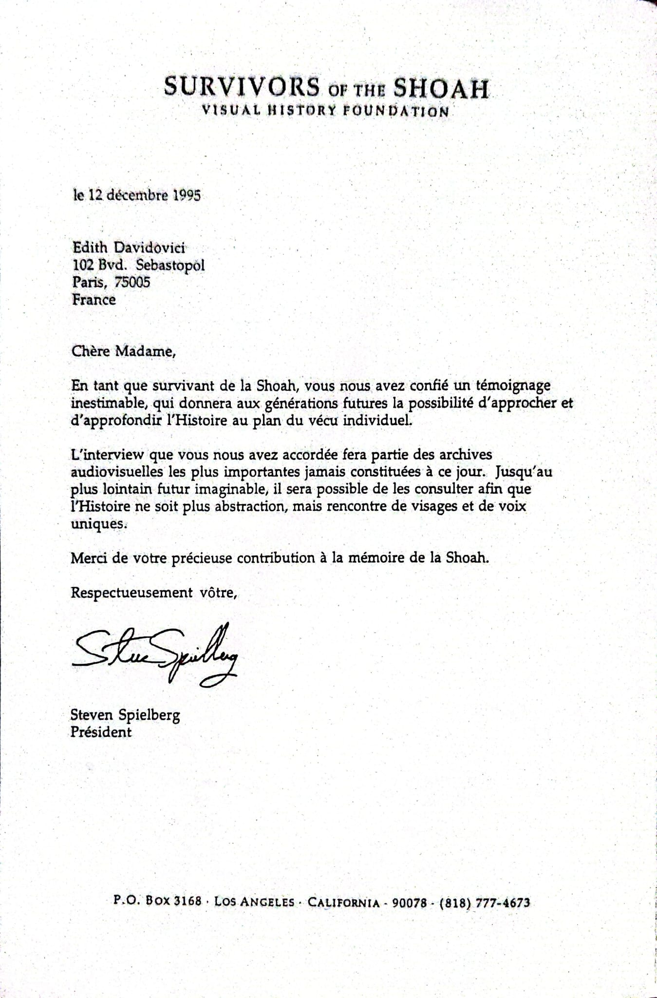Letter from Survivors of the Shoah Visual History Foundation to Edith Davidovici