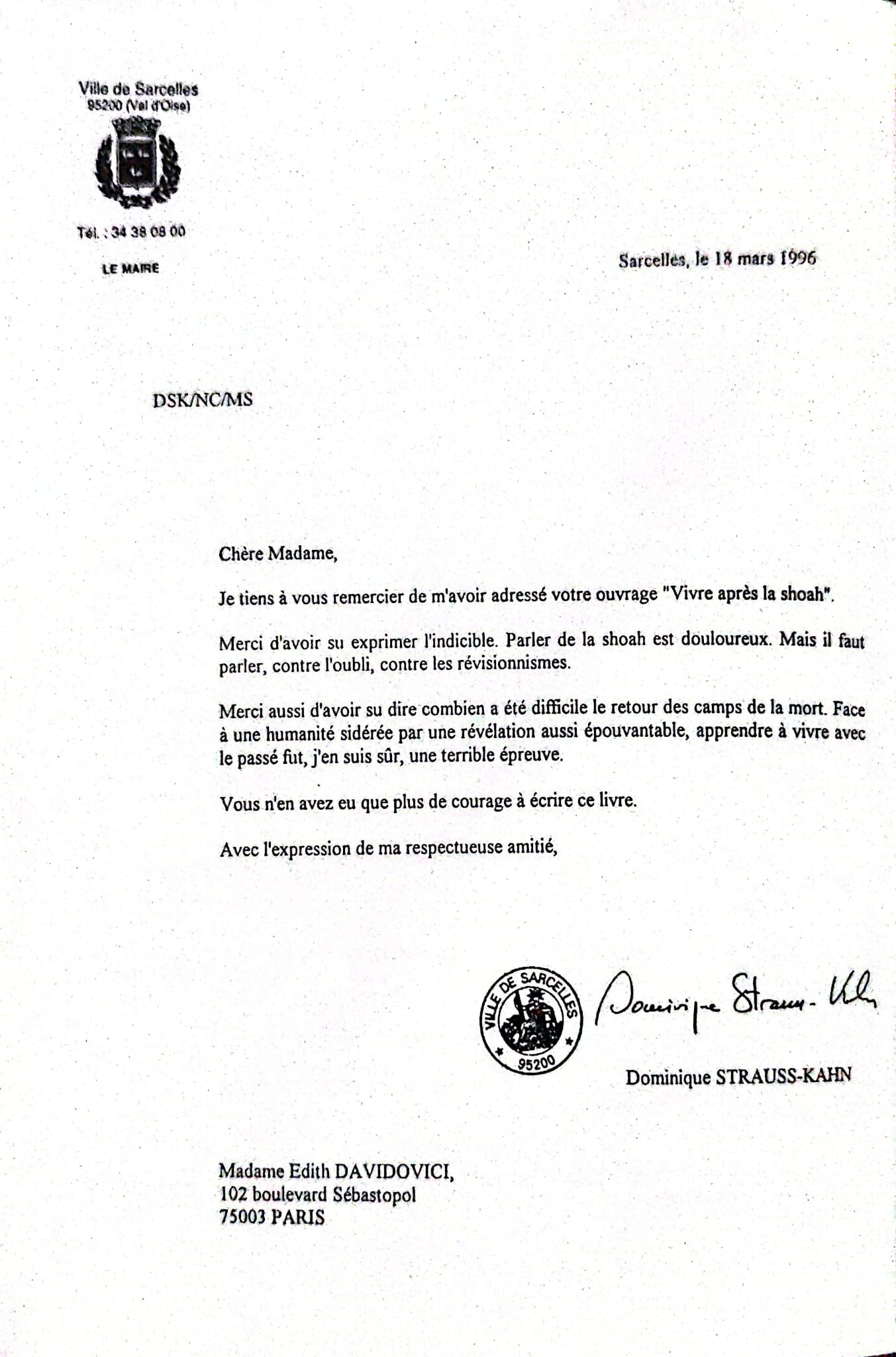 Letter from the City of Sarcelles to Edith Davidovici